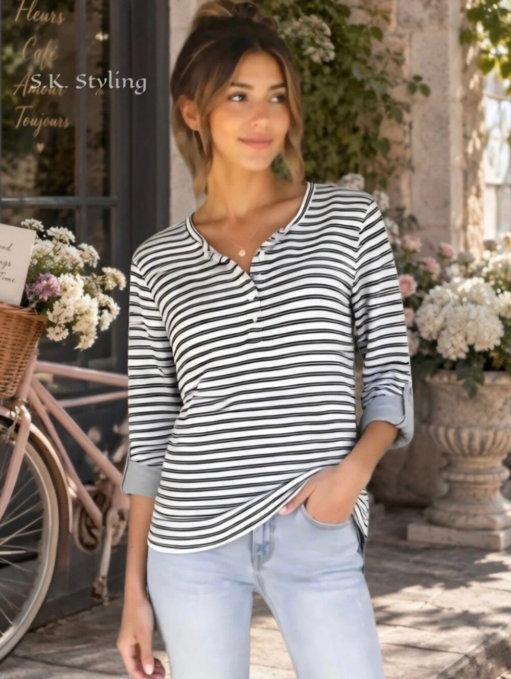 Vintage X America Knit Henley Top Long Roll Tab Sleeve White Black Striped Large